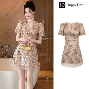 Happy Diva เดรสผู้หญิง เดรสสีทอง เดรสทรงเอ เดรสผ้าเลื่อม เดรสทำงาน เดรสไฮโซ เดรสวินเทจ เดรสออกงาน เดรสปาร์ตี้ ชุดราตรี 21368