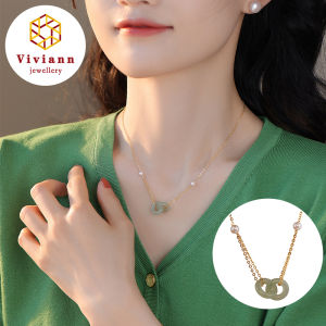 Viviann Original Design S925 Sterling Silver Necklace Ring Buckle Hetian Jade Pearl 14k Gold Filled Double Ring Pendant Necklace Collarbone Chain Hetian Jade Pendant Necklace 925 Sterling Silver Electroplated Gold Clavicle Chain Hollow Exquisite Jewelry