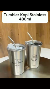 Tumbler Kopi Stainless Steel 480 ml 16 0Z / Gelas Tumbler Kopi Teh dengan Tutup Sedotan Terbuat dari Bahan Stainless Steel Kapasitas 480ml Cocok Untuk Berbagai Minuman Panas Maupun Dingin