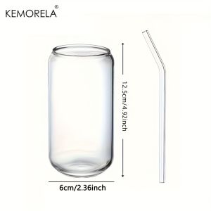 1/4PCS Set Transparent Glasses With Glass Straw Can Shaped For Beer Iced Coffee Whiskey Soda Tea Water with 2 Cleaning Brushes