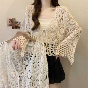 Womens Knitted Short Sleeve Long Sleeve Bohemian Vacation Style Open Cardigan Cotton V-neck Loose Fit Fashion Commute