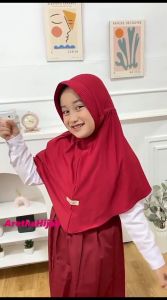 Jilbab Sekolah Anak SD Merah Putih Coklat Bahan jersey Serut
