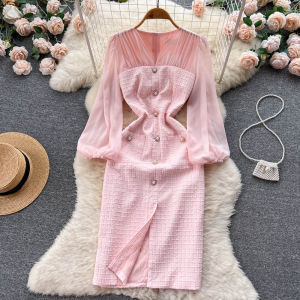 High Waist Midi Dress with Long Sleeves and V-Neck French Chiffon Patchwork for Women in Autumn Elegant and Unique Style