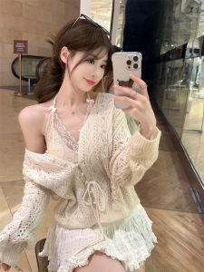 Lace Hollow out Knitted Sweater Coat Womens Spring Hanging Neck Strap Inner Wear Layered Short Top Comfortable Loose Style