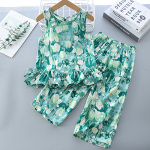 Bộ Đồ Trẻ Em Bằng Vải Lụa Cotton Mùa Hè Mới Cho Bé Gái Áo Vest Và Quần Ống Rộng Bằng Cotton Nhân Tạo Bộ Đồ Mặc Nhà Mỏng Thoáng Khí