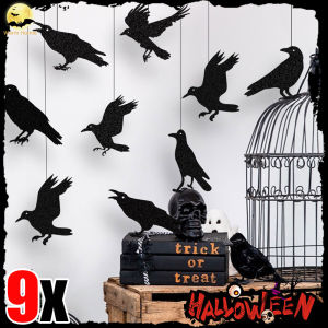 【Free Shipping】9PCS/Set Halloween Banner Horror Theme Flag Simulated Black Crow Pendant Ornaments Props Halloween Party Atmosphere Decor