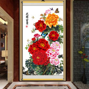 Modern Decorative Painting Peony Flower Wealth And Prosperity Unframed Single Scroll Wall Art Vertical Canvas Waterproof