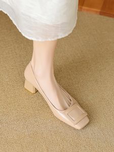 MIFEI | Nude Pink Autumn New French Style Square Buckle Coarse Heel Ladies Shoes