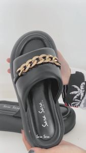 Sara Sara GEMES Sandal Selop Santai Wanita Kulit PU Rantai Elegan 6 cm