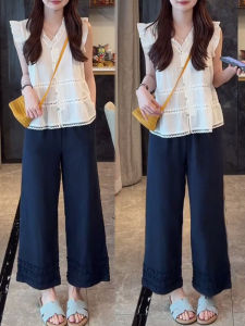 Shalldoer | Fashionable Korean Style Womens Summer Shirt And Wide Leg Pants Two-Piece Set Casual Sleeveless Clothing Ensemble