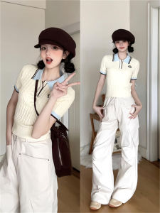 White Embroidered Knitted Ice Silk Polo Shirt Short Unique Slim Fit Summer T-Shirt for Women Korean Style Commute Pure E-commerce