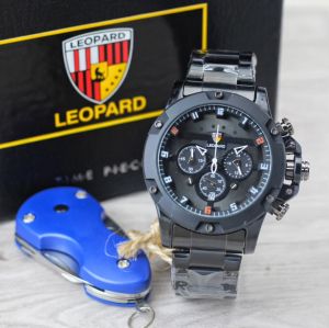 Jam tangan Leopard 8804 tali rantai tanggal chronograp aktif free gantungan kunci analog original pria