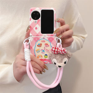 Cute Pink Cartoon Leather Phone Case Oppo Find N2 Flip Find N3 Flip Casing with Wrist Strap Lanyard Back Cover Shel