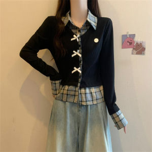 Plus Size Womens Korean-Style Fake Two-Piece Gingham Shirt Womens Autumn and Winter Retro College Style Waist-Controlled Slimming Long Sleeve Tops