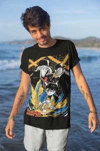 Bandai | 2026 Conan Anime T-shirt with Neutral Pattern Gothic Style Mens Clothing Animated Theme Gothic Detective Conan T-shirt