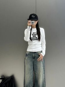 Áo Thun Dài Tay Ôm Vừa Vặn Màu Trắng Phong Cách Mỹ Cho Nữ Mùa Xuân Thu Áo Lót Bên Trong Ngắn Hở Vai Gợi Cảm