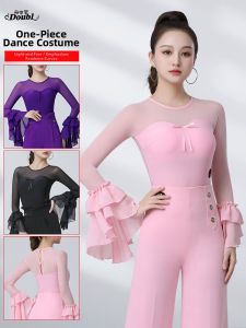 DANBAOLUO | Modem Dance Long Sleeved Round Neck Flared Sleeve Pink Competition Wear