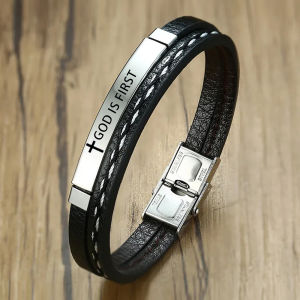 Cross Bible Verse Leather Bracelets For Men Stainless Steel God Is First Layered Bangle Christian Faith Jewelry