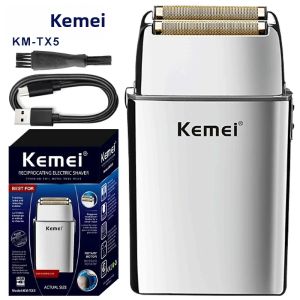Kemei | Máy Cạo Râu Điện Cao Cấp Kemei KM-TX5 Màu Bạc Lưỡi Dao Kép Bằng Hợp Kim Nhôm Dao Cạo Dao Động Dùng Cho Râu Và Ria Mép Kèm Pin Sạc.