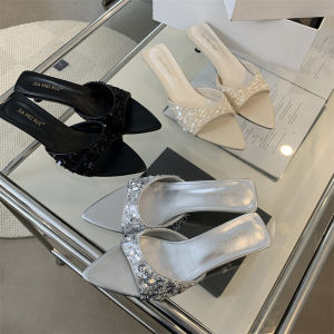 Fish Mouth Nữ Dép Hạt Kim Cương Giày Sandal Cao Gót Đi Biển Thời Trang Sành Điệu Màu Đen Đế Bằng Bạc Lấp Lánh Lấp Lánh Phong Cách Hàn Quốc