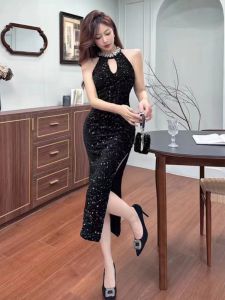 ชุดเดรสยาวปานกลางสีดำประดับคริสตัล ชุดราตรีหรูหรา เซ็กซี่ ดีไซน์หรูหรา ชุดนางฟ้า ผ้าโพลีเอสเตอร์และผ้าฝ้าย