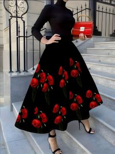 Printed Design Four Seasons Casual Style Black Bottom Red Rose Cloth Half Skirt