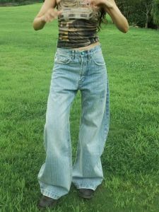 Retro DINA|2025 New Loose Blade Denim Jeans Bamboo Fiber Worn White Imitation Turquoise Womens Natural Waist Button Closure