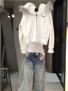 American High Street Gray Floral Sophisticated Hooded Long Sleeve Sweatshirt Women Spring Autumn Loose Harajuku Style Cardigan Fashionable