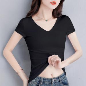Slim Fit Short Sleeve T-Shirt Pure Cotton Black V-Neck Thin Bodycon White Top Womens Fashion Spring Summer Breathable Casual Wear
