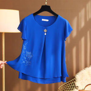 เสื้อยืดแขนสั้นคุณแม่ใส่ช่วงฤดูร้อนเสื้อตัวเล็กปักลายผ้าชีฟองคอกลมชุดผู้หญิงวัยกลางคนและผู้สูงอายุเสื้ออำพรางหน้าท้องทรงหลวมสำหรับผู้หญิงวัยกลางคน