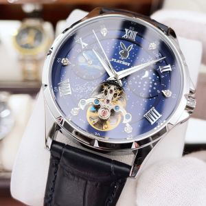 นาฬิกาข้อมือผู้ชาย PLAYBOY ร้านเรือธง ท้องฟ้าเต็มไปด้วยดวงดาวใหม่ นาฬิกาจักรกลเรืองแสง สายหนังกันน้ำ นาฬิกาพระอาทิตย์และพระจันทร์
