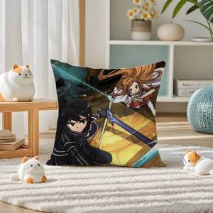 Bandai | Sword Art Online Asuna And Kirito Anime Plush Pillow Cover Soft Short Plush Cushion Cover For Sofa Bedroom Home Decor Gift