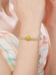 ZHOU LIU FU 周六福 24K Solid Gold Bracelets Cute Horse Animal Charm Green Prehnite Gemstone Beaded Stretch Bracelet Dainty Jewelry for Women Daughter Birthday Christmas 17CM A1916023