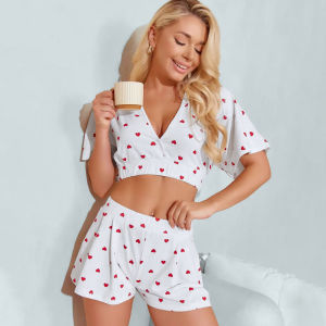 Heart Printing Pajamas With Shorts Two Pieces Women V-Neck Cropped Tops And Wide Legs Shorts Homewear Female Outfits
