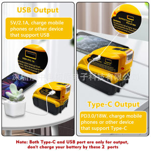 อะแดปเตอร์แบตเตอรี่อัพเกรดใหม่สำหรับ DW Dewalt 14.4/18V การแปลงแบตเตอรี่ลิเธียม + ชาร์จ USB + พอร์ต12VDC/ไฟฉุกเฉิน TYPE-C สำหรับ DCB140 DCB090