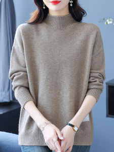 Woolen Sweater Womens Half Turtleneck Pure Color Sweater Fall and Winter Middle-Aged Ladieswear Loose-Fitting plus Size Large Size Belly Covering Cashmere Bottoming Shirt