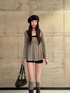 Chic Korean Style Long Sleeve T-Shirt Womens Autumn Slimming Polka Dot Square Collar Top Soft Comfortable Universal Fit Loose Style