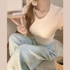 Womens Slim Fit Cotton T-Shirt V-Neck Short Sleeve Summer Thin Fashion Pure Cotton Base Shirt Belly Covering Slimming Top