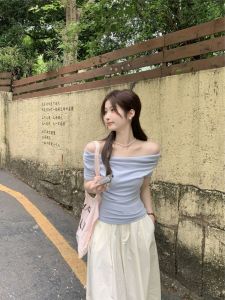 Sweet And Spicy French Style Shoulder Bared Short Sleeve T Shirt Womens Slim Fit Pure Desire Short Length Top for Summer