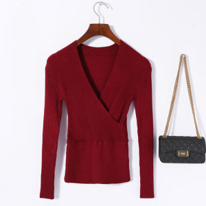 เซ็กซี่ Cross คอวี เสื้อยืดถักแขนยาวหน้าอกต่ํา ผู้หญิง ฤดูใบไม้ร่วง ฤดูหนาว สลิมฟิต เสื้อชั้นใน อินเทรนด์ เสื้อสร้างรูปร่าง