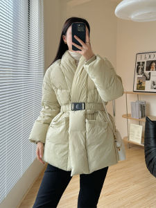 Womens Winter Thickened down Jacket Waist-Cinching Duck Feather Belted New Korean Style Chinese National Trend V-neck Long Sleeve