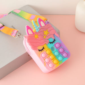VREN Baby Pop it Bag Fidget Toys Rainbow Unicorn Coin Wallet Ladies Bag Silican Crossbody Bag for Kids Girls Gift