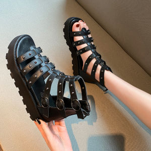 Black Thick Heel Sandals Womens Fashionable Fairy Tale Style Cross Buckle T-Strap High Heel Flat Bottom Roman Booties