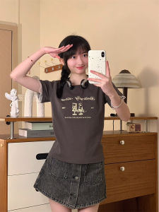 Korean Style round Neck Short Sleeve T-Shirt Letter Print Lace Trim Sleeve Cap Slim Fit Short Length Womens Top