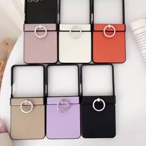 szhaiyu | Luxury Litchi Grain Leather Phone Case for Samsung Galaxy Z Flip 8 7 FE 6 5 4 Metal Rotating Ring Bracket Hinge Protector Cover