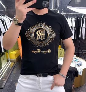 Trendy Rhinestone Short Sleeve New Arrival T-shirt Mens Summer Trendy Easiest for Match Half-Sleeve Pure Cotton Internet Celebrity Sequin Printed Tops