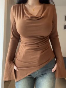 Cỡ Lớn Ôm Vừa Vặn Áo Thun Dài Tay Cổ Chữ V Áo Thun Nữ Mùa Thunew Gợi Cảm Có Dây Thắt Lưng Áo Puredesirestyle Thoải Mái Quần Áo Làm Việc