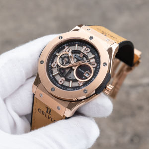 Đồng Hồ Nam OBLVLO Màu Vàng Hồng 44mm Mặt Lộ Cơ Tự Động Chống Nước Dây Da Nâu Dạ Quang Thời Trang Máy Cơ Lịch HM-GT