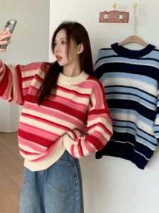 Colorful Striped Thickened Knitted Sweater Womens Autumn Winter Loose Lazy Style Long Sleeve round Neck Pullover Casual Top