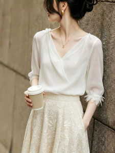 CHOEFULYN | French Style V-neck Design Tie Ladies Blouse